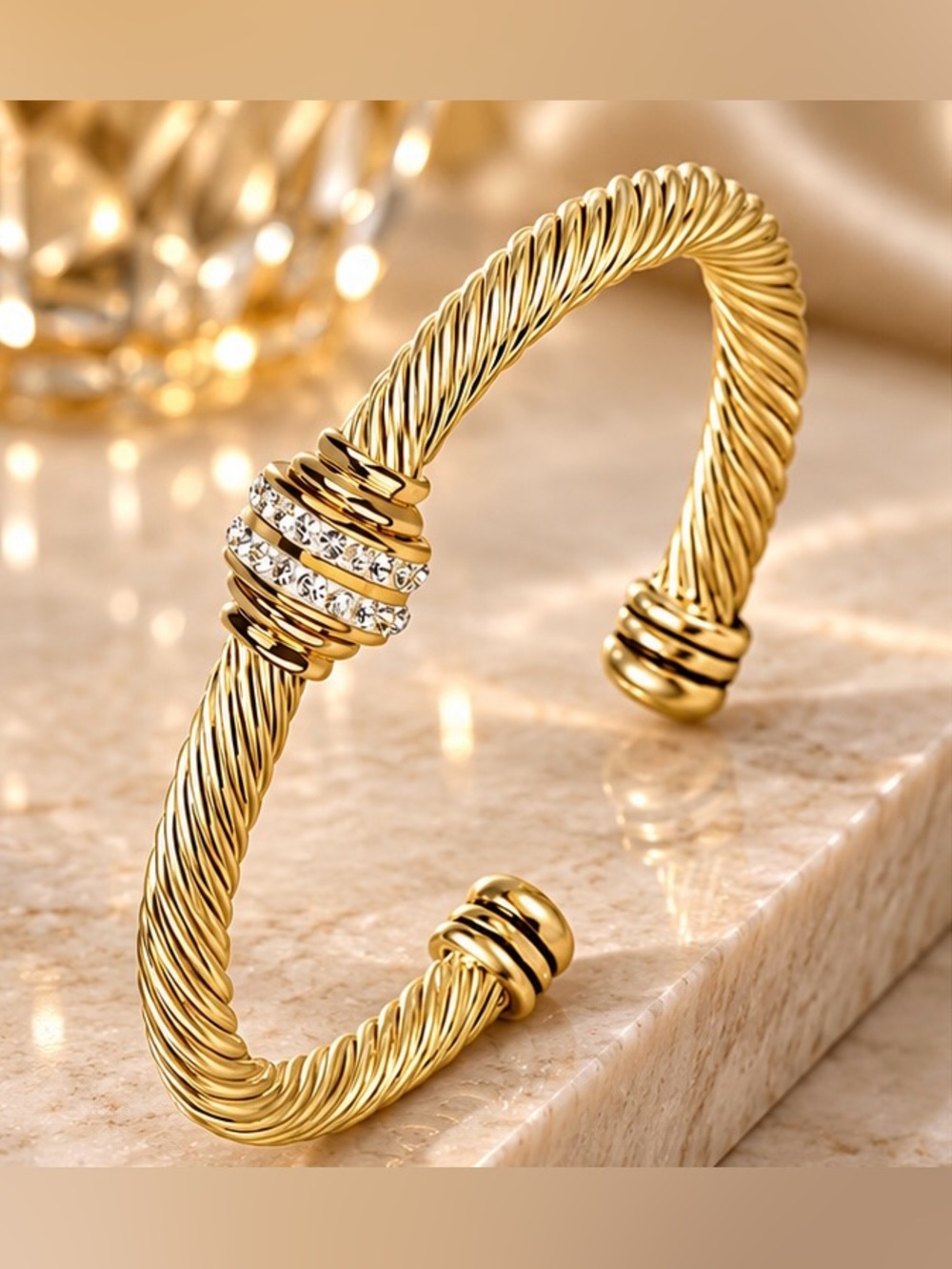 Gold Tone Twisted Cable Cuff Bracelet with Crystal Accent